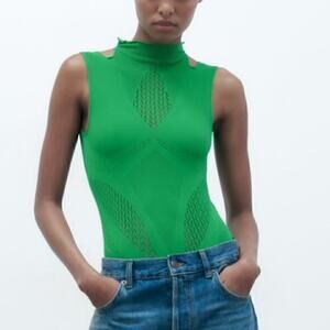 NWT Zara Seamless Mock Neck Sleeveless Bodysuit Pullover Light Green Womens XS-S